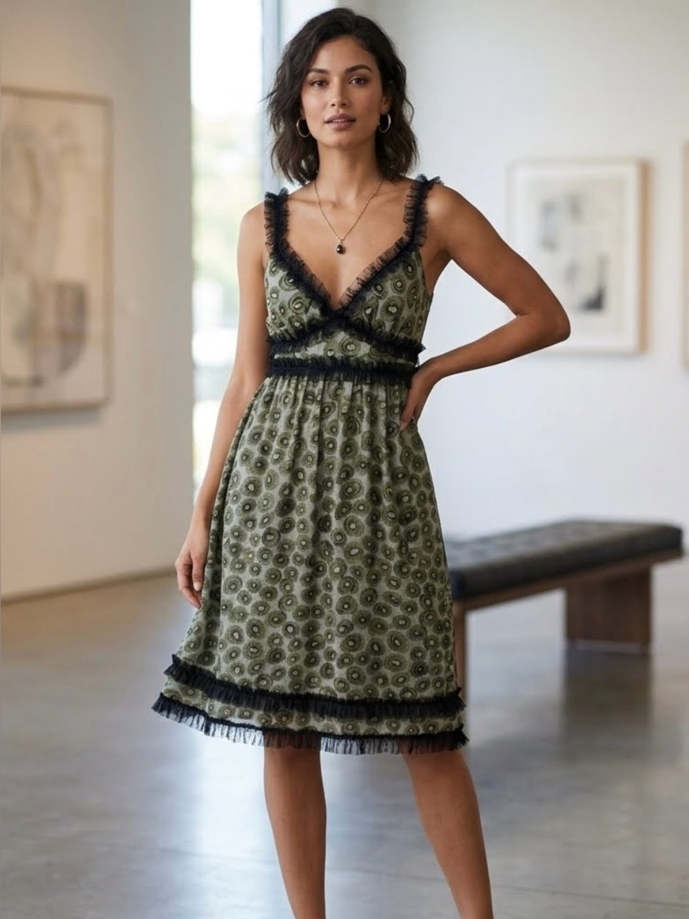 Poleci Olive Green Printed Midi Dress with Black Trim